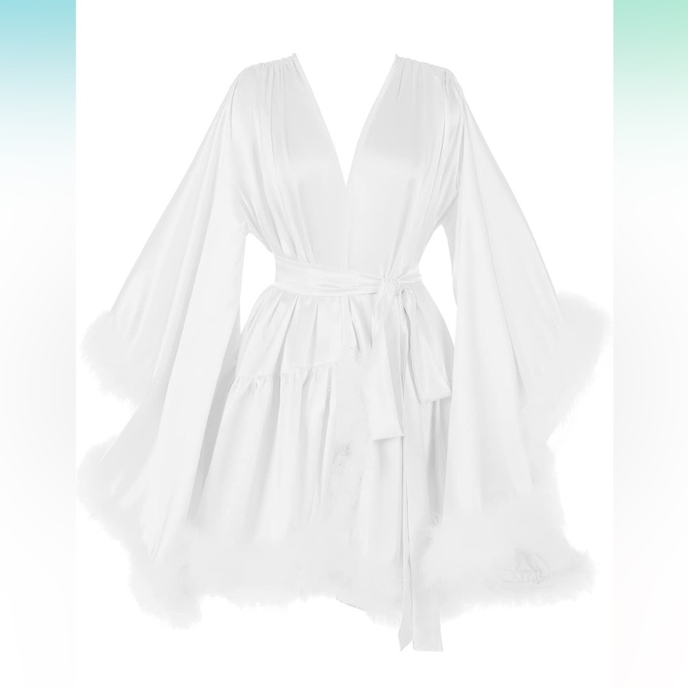 Women's Feather Bridal Robes Silk Satin Bridal Sexy Illusion Lingerie Sleepwear